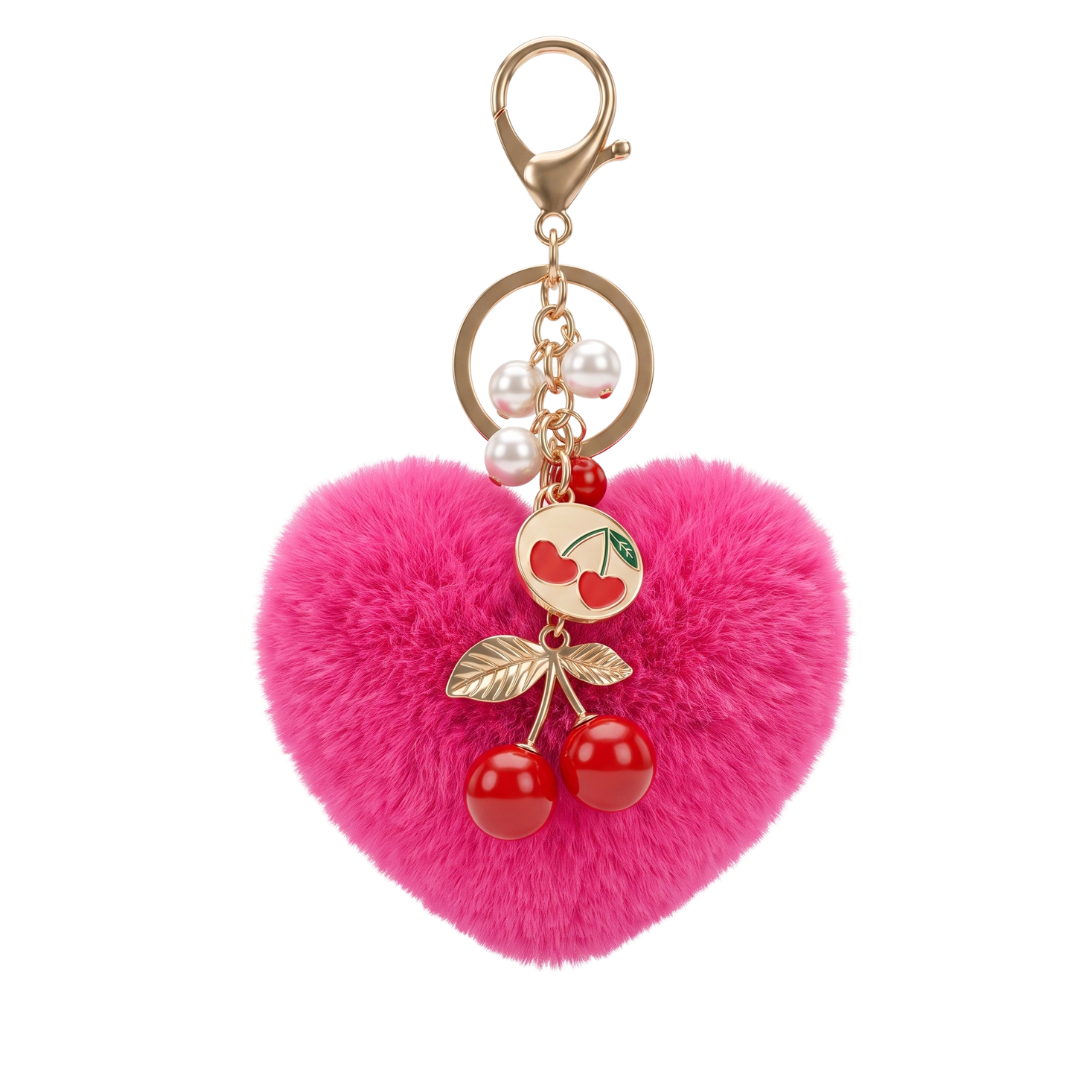 Red Cherry Heart Key chain pink pom pom