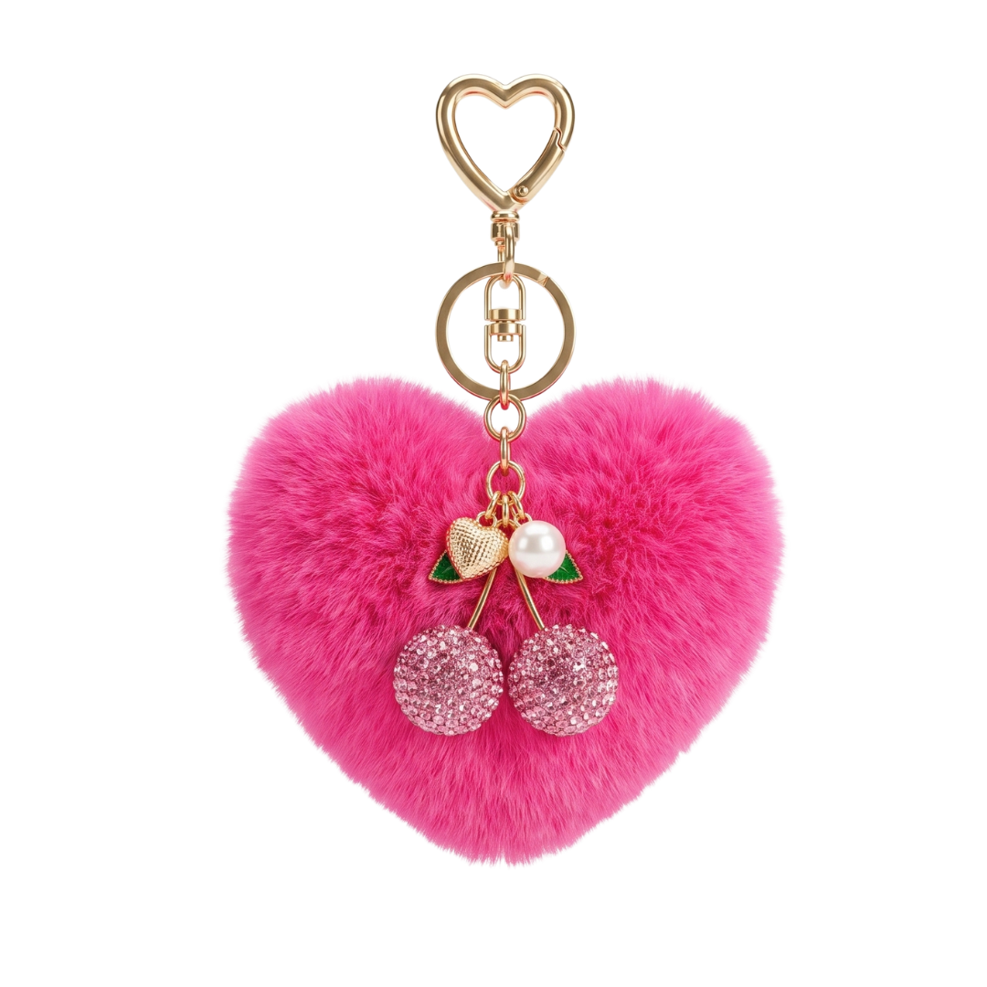 Pink Cherry Heart pom pom with Charm